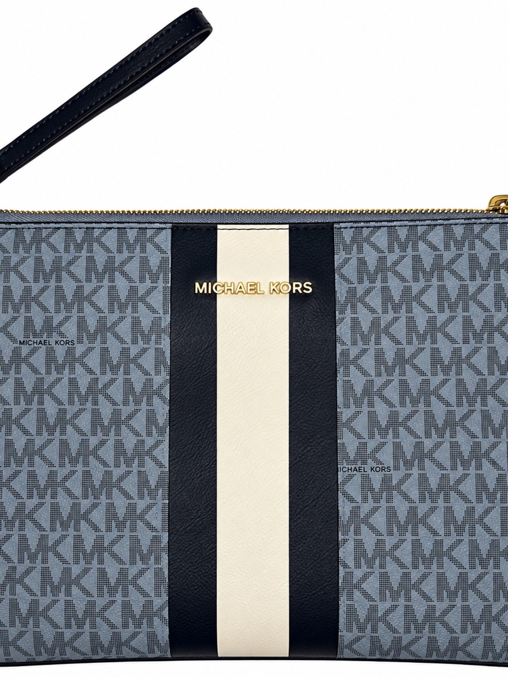 💙Michael Kors Men's Blue Logo Toiletry Bag with Black and Cream Center Stripe